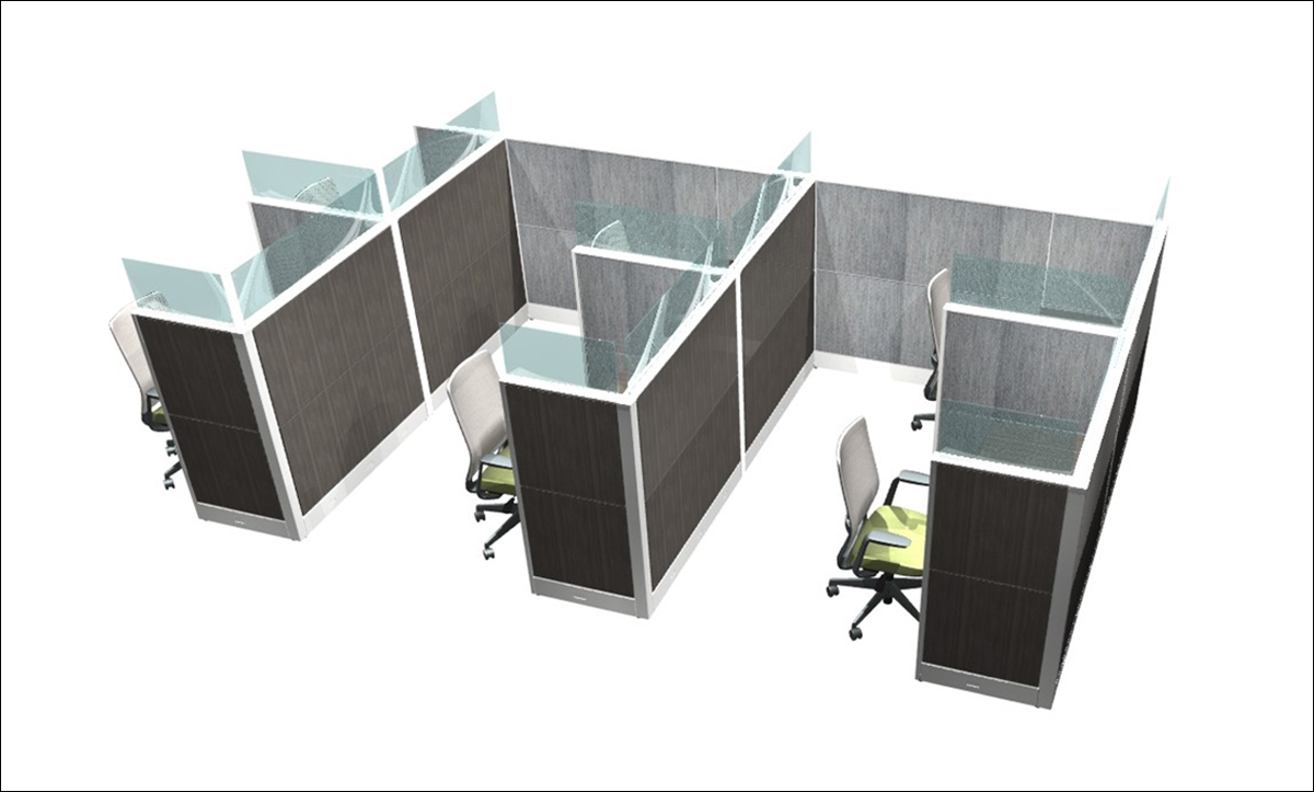 Digital color renderings of cubicles at the Evolve Workstation