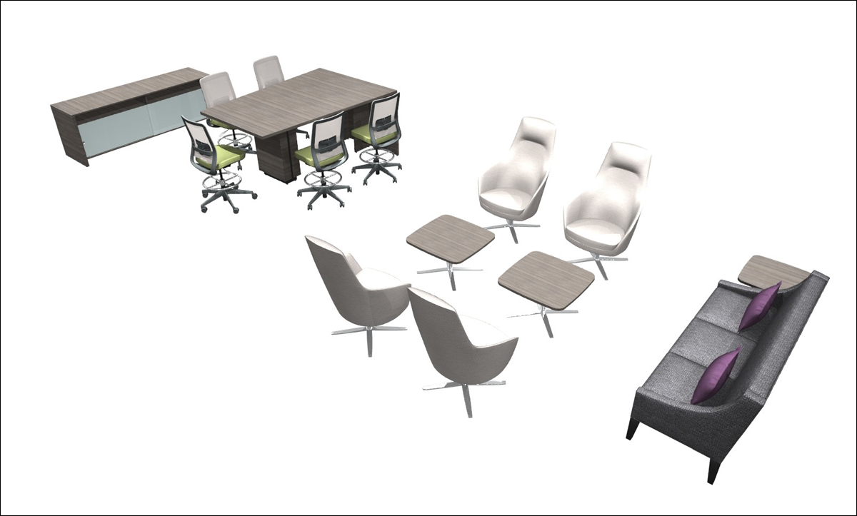 Digital color renderings of chairs, desks and office furniture for the Evolve Workstation