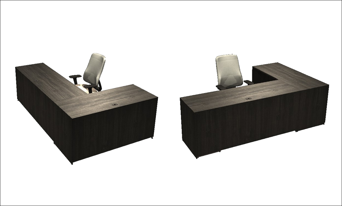 Digital Color Renderings of Two L-shaped Desks and Office Chairs for the Zira Collection,