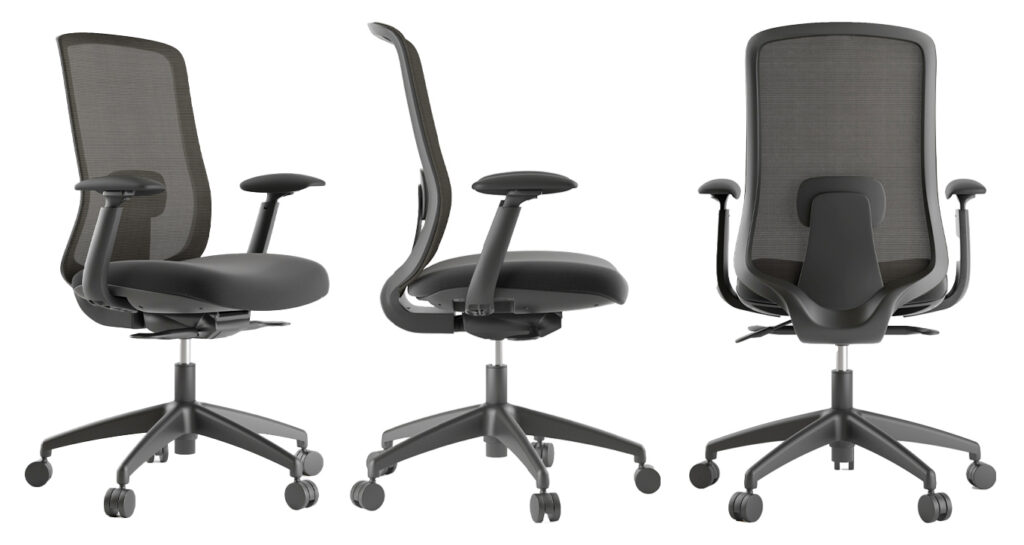 Three different views of the Flexy Ergonomic office chair.