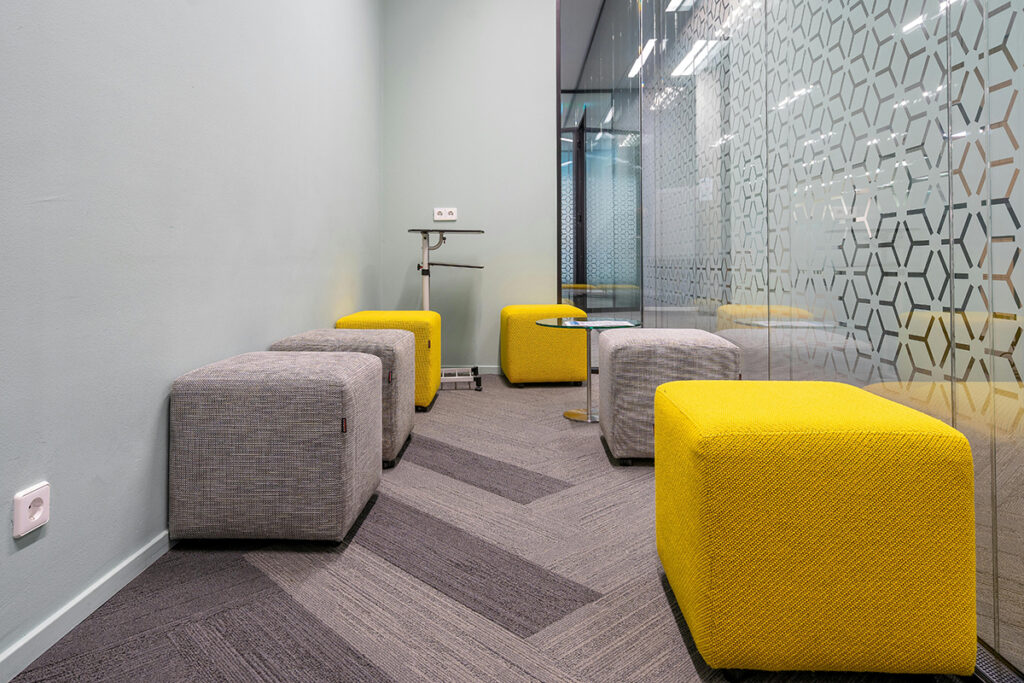 seating cubes in narrow office interior